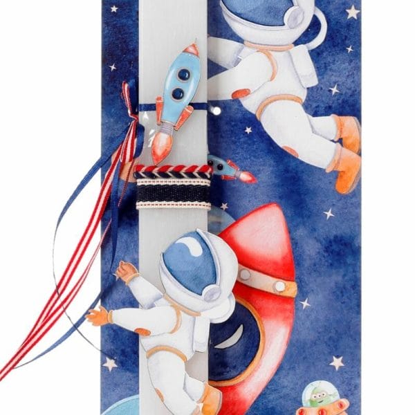 Λαμπάδα Πασχαλινή αστροναύτης στο διάστημα με παραμυθένιο διαστημόπλοιο, πλανήτες και τυπωμένη πλάτη